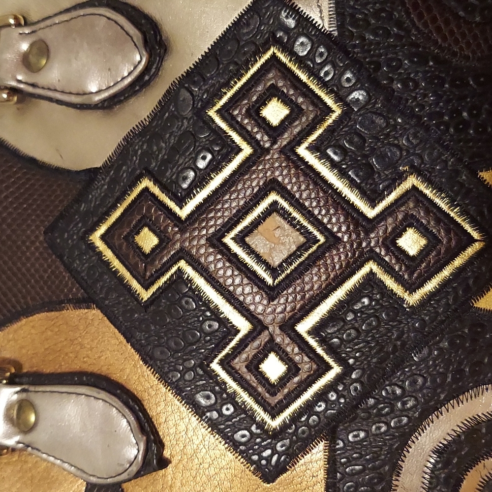 Vintage Nas Metallic Multicolored Leather Satchel Black Brown Gold Silver - Picture 3 of 16